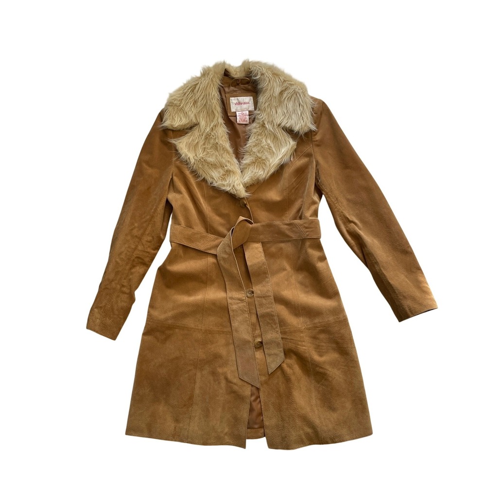 Tan Suede Leather Trench Coat Faux Fur Collar Belted Size L by Xhilaration